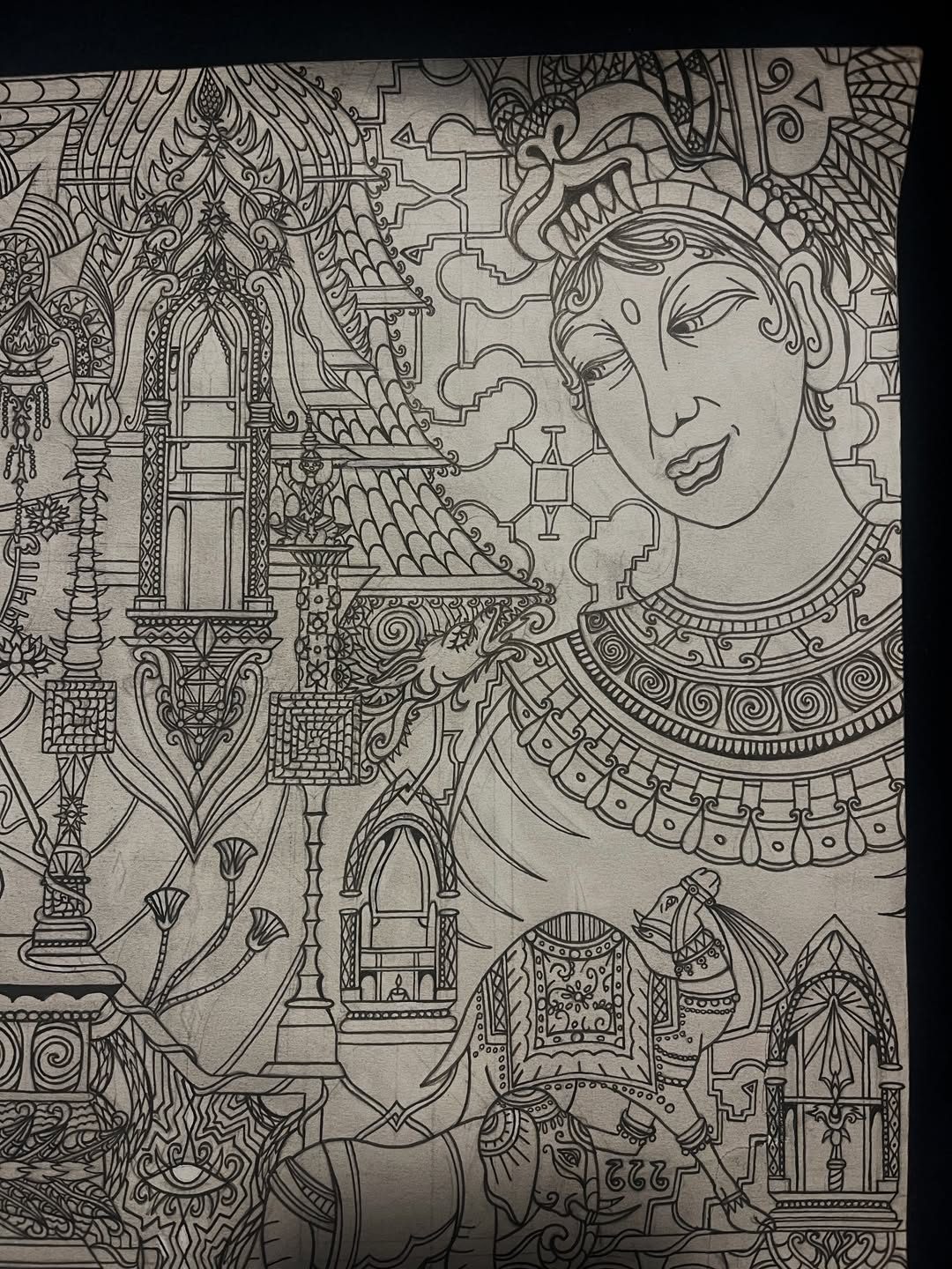 A serene face among gothic windows and patterned arches, drawn in fine black ink